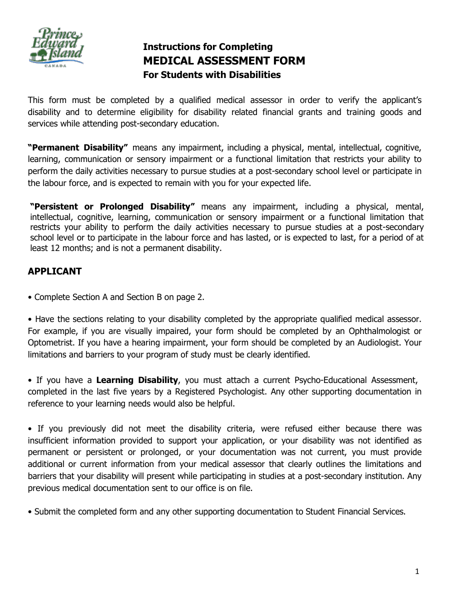 Prince Edward Island Canada Medical Assessment Form for Students With