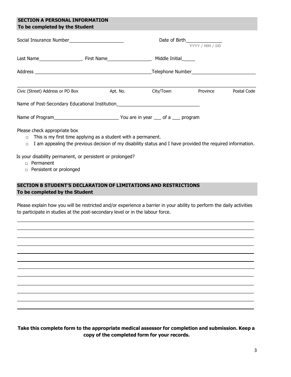 Medical Assessment Form for Students With Disabilities - Prince Edward Island, Canada, Page 3