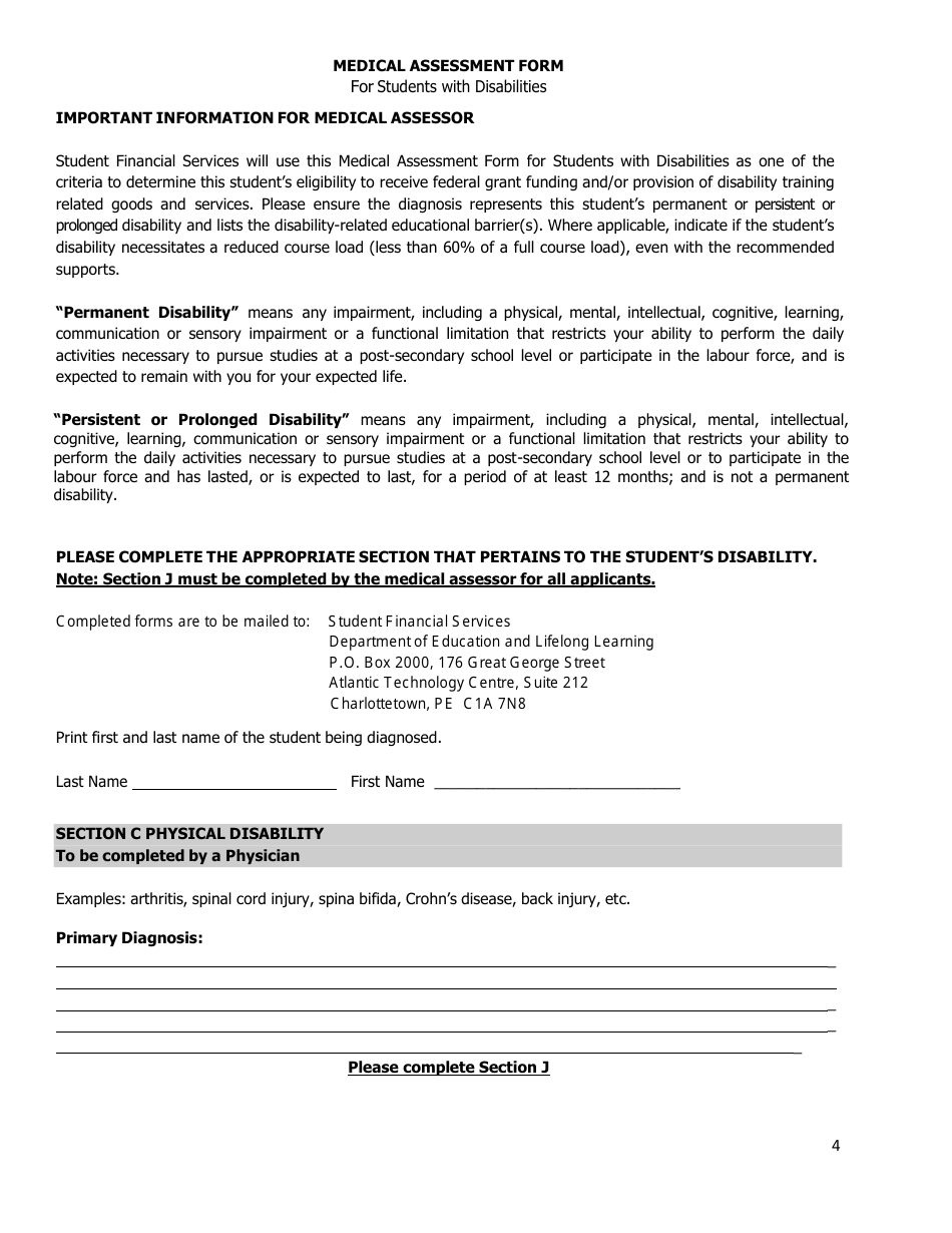 Medical Assessment Form for Students With Disabilities - Prince Edward Island, Canada, Page 4