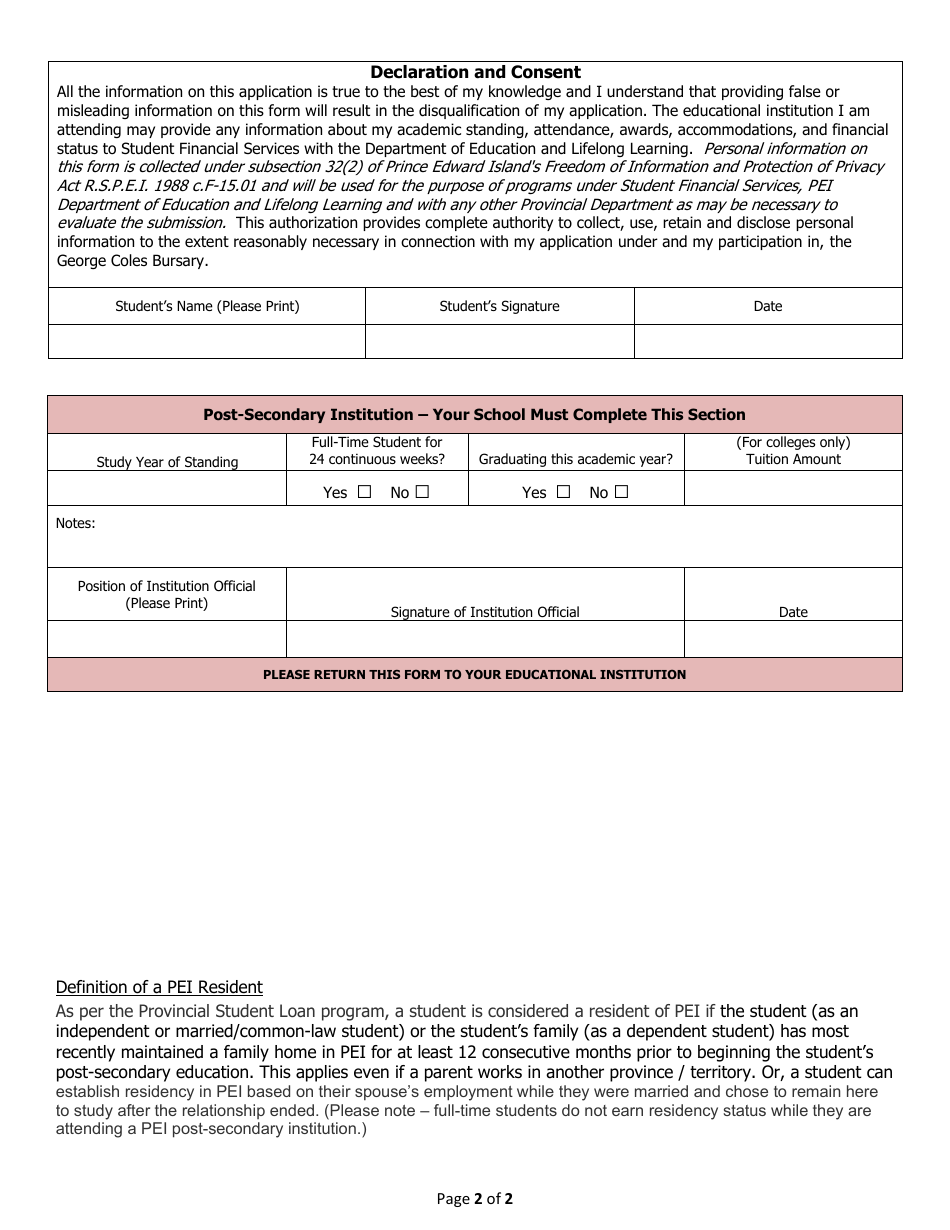 George Coles Bursary Missing Information Form - Prince Edward Island, Canada, Page 2