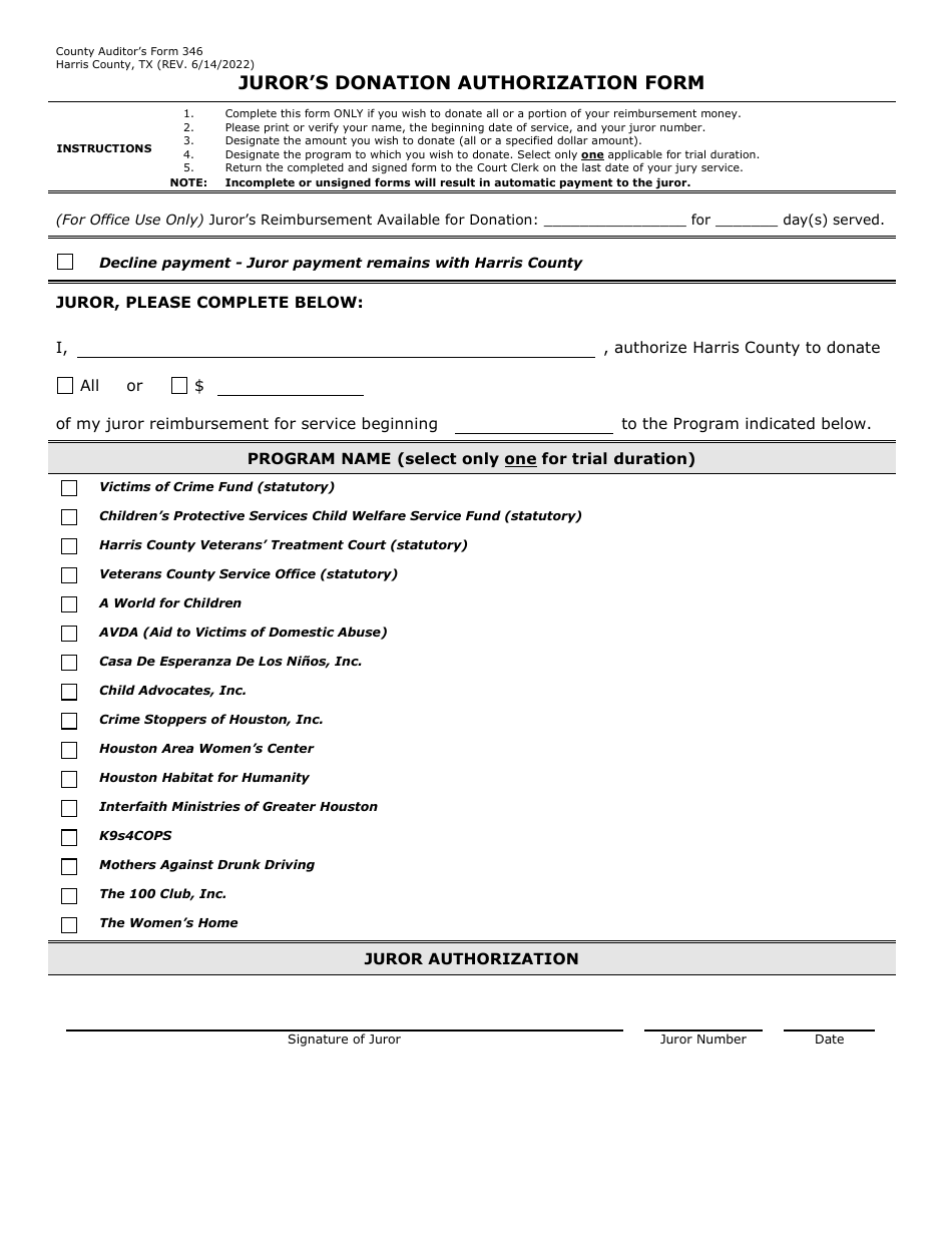 Form 346 Jurors Donation Authorization Form - Harris County, Texas, Page 1
