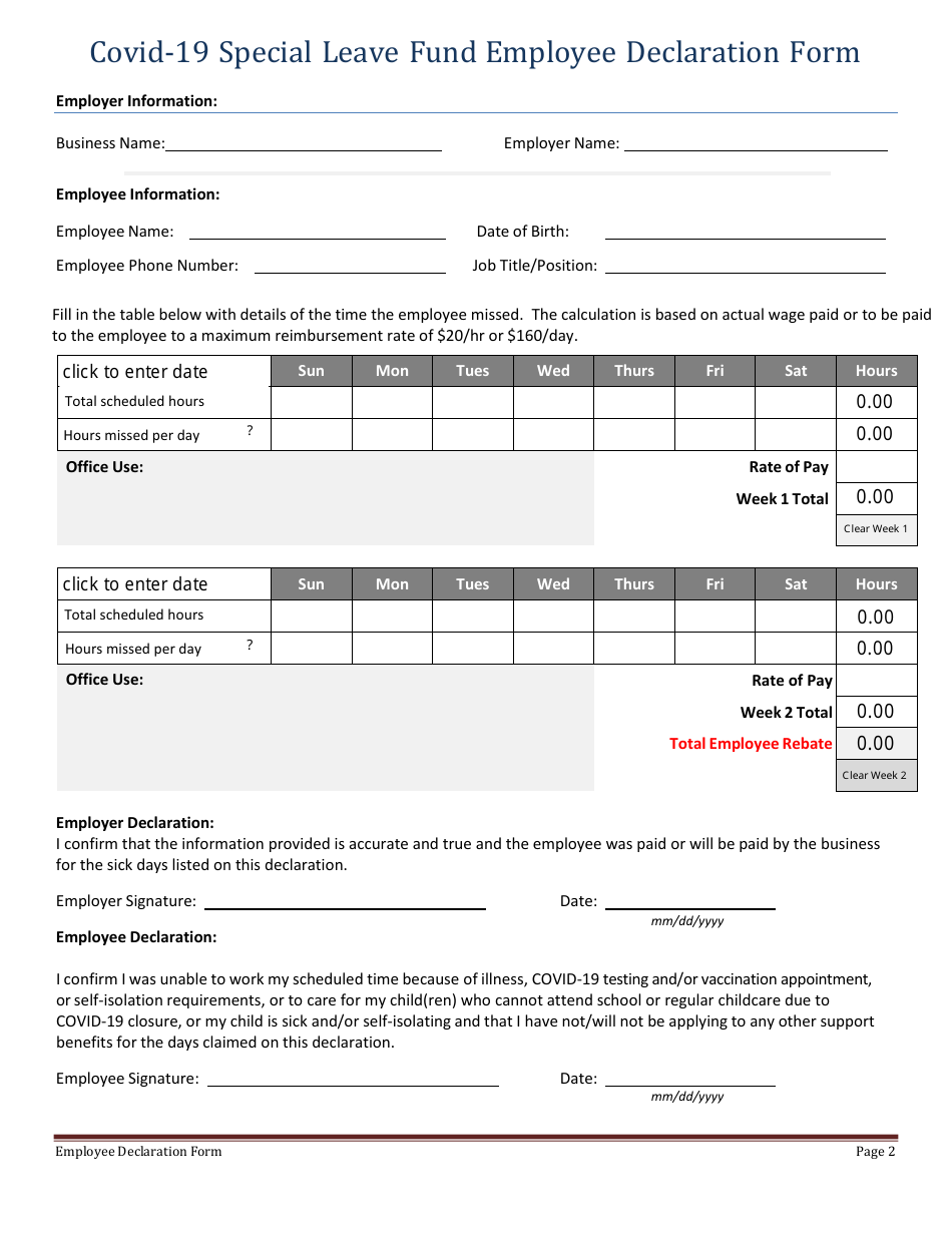 Covid-19 Special Leave Fund Employee Declaration Form - Prince Edward Island, Canada, Page 2
