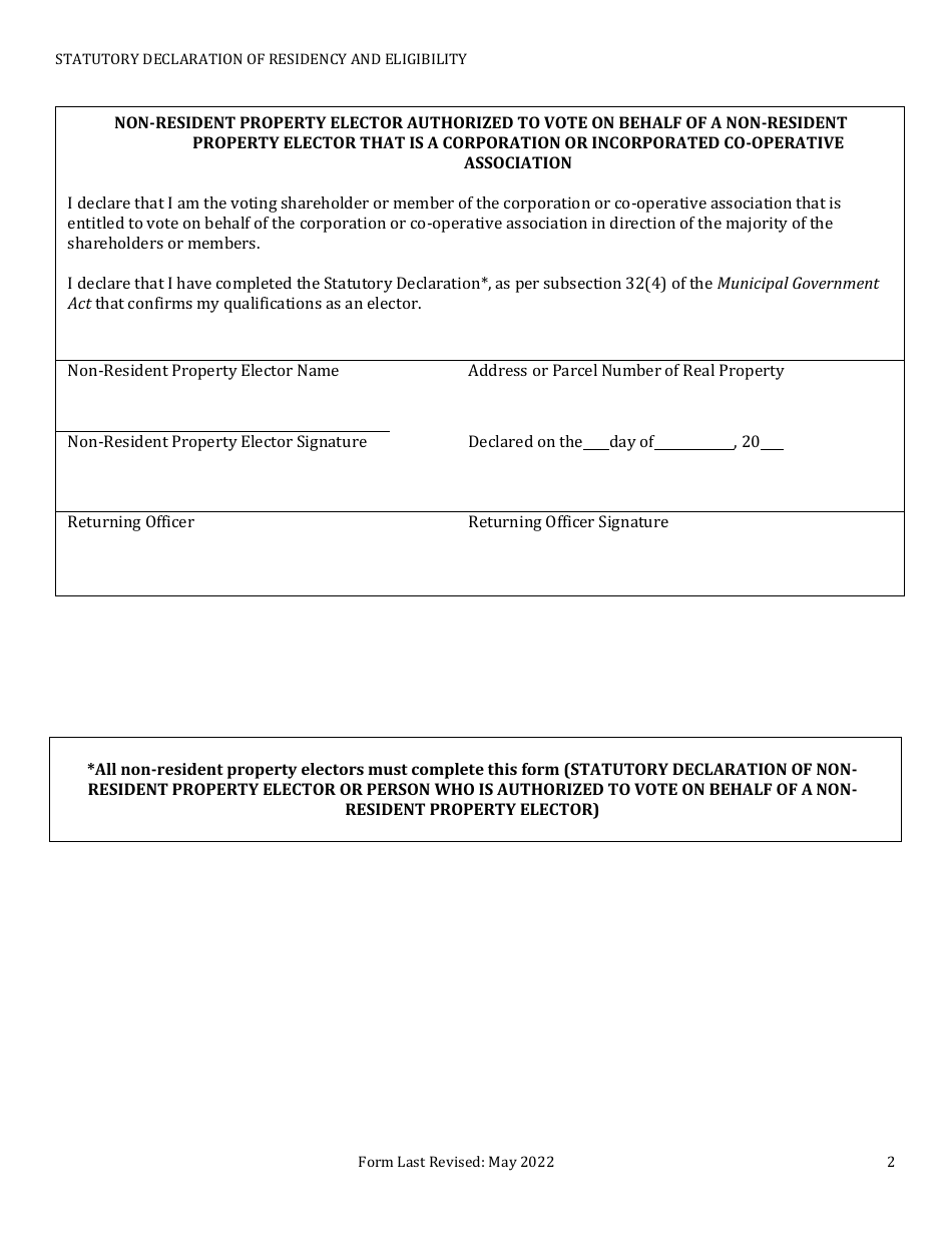 Statutory Declaration of Residency and Eligibility for the Resort Municipality of Stanley Bridge, Hope River, Bayview, Cavendish and North Rustico - Prince Edward Island, Canada, Page 2