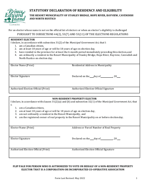 Statutory Declaration of Residency and Eligibility for the Resort Municipality of Stanley Bridge, Hope River, Bayview, Cavendish and North Rustico - Prince Edward Island, Canada Download Pdf