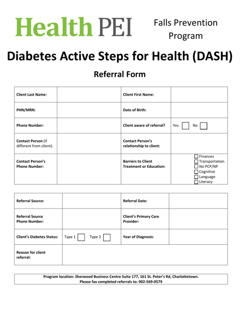 Diabetes Active Steps for Health (Dash) Referral Form - Falls Prevention Program - Prince Edward Island, Canada Download Pdf