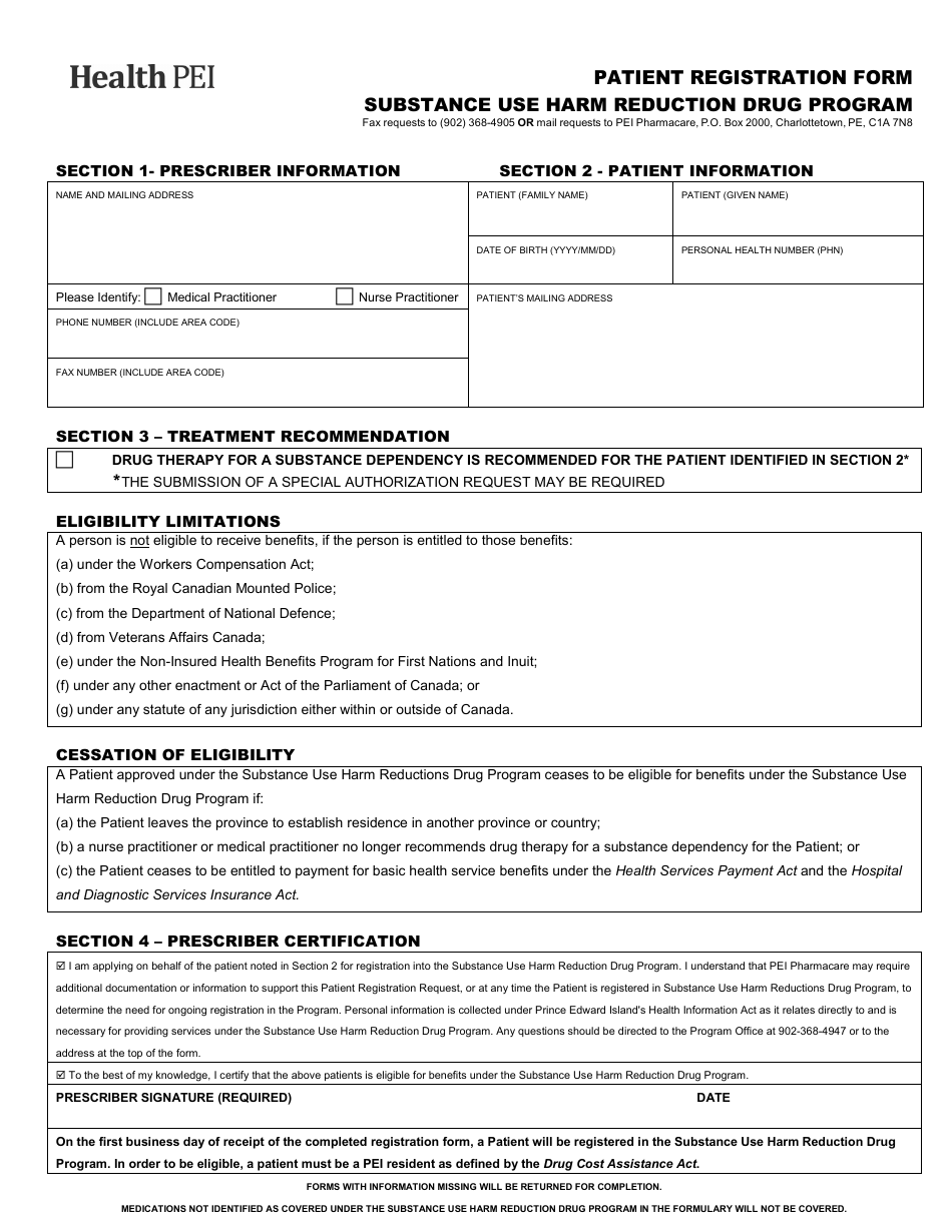 Patient Registration Form - Substance Use Harm Reduction Drug Program - Prince Edward Island, Canada, Page 1