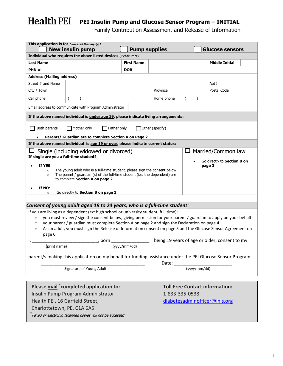 Initial Family Contribution Assessment and Release of Information - Pei Insulin Pump and Glucose Sensor Program - Prince Edward Island, Canada, Page 1
