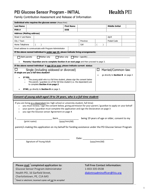 Initial Family Contribution Assessment and Release of Information - Pei Glucose Sensor Program - Prince Edward Island, Canada Download Pdf