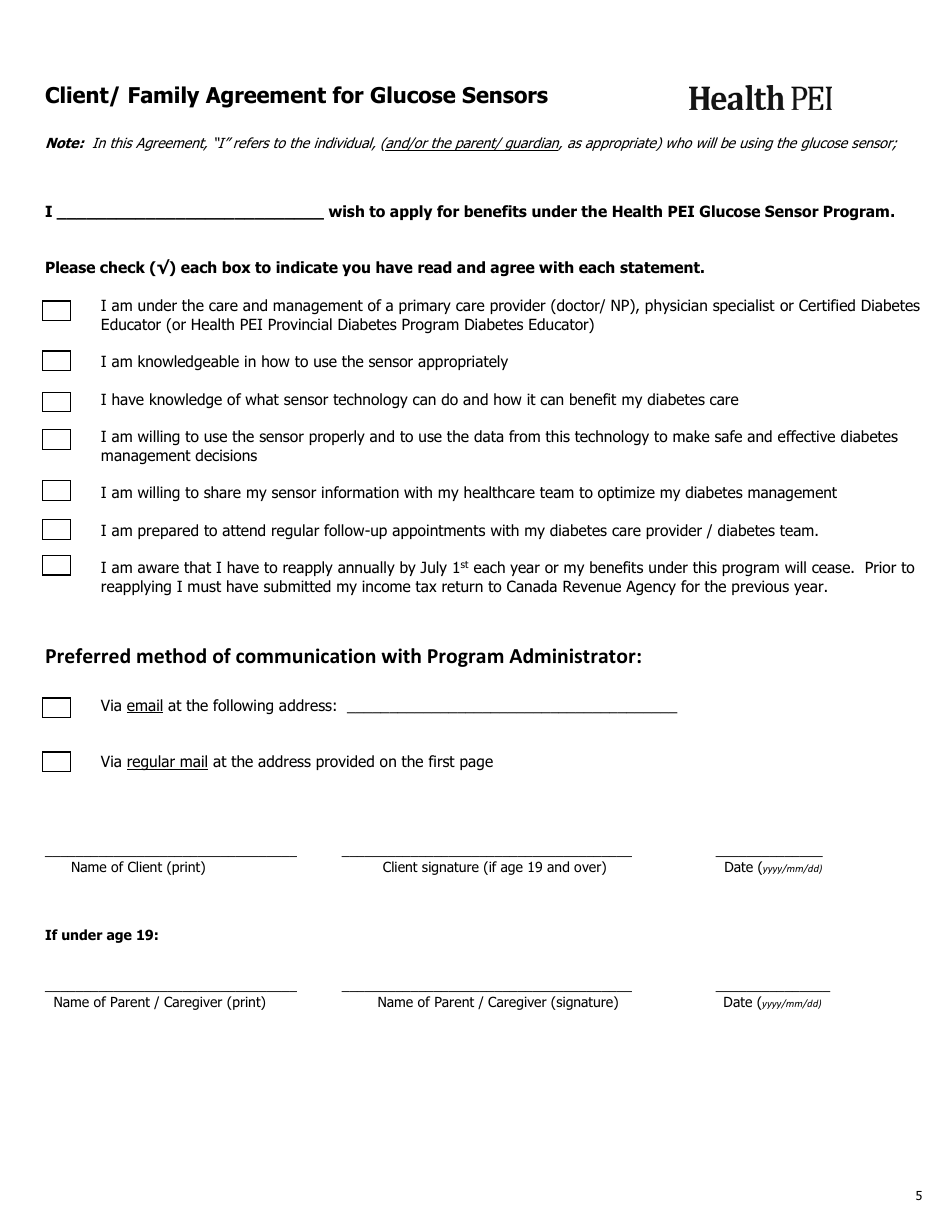 Initial Family Contribution Assessment and Release of Information - Pei Glucose Sensor Program - Prince Edward Island, Canada, Page 5