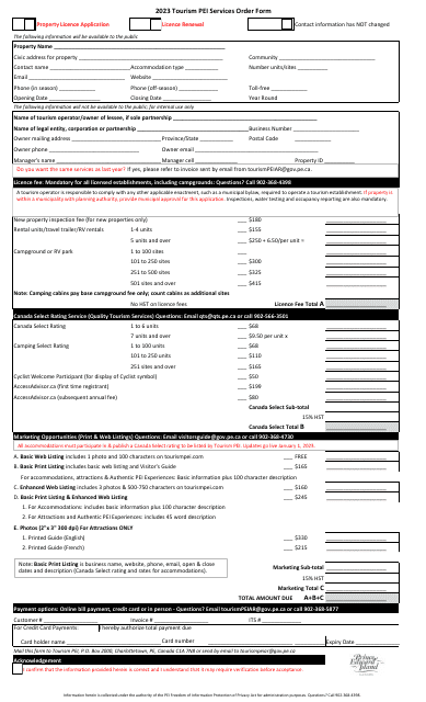 Tourism Pei Services Order Form - Prince Edward Island, Canada, 2023