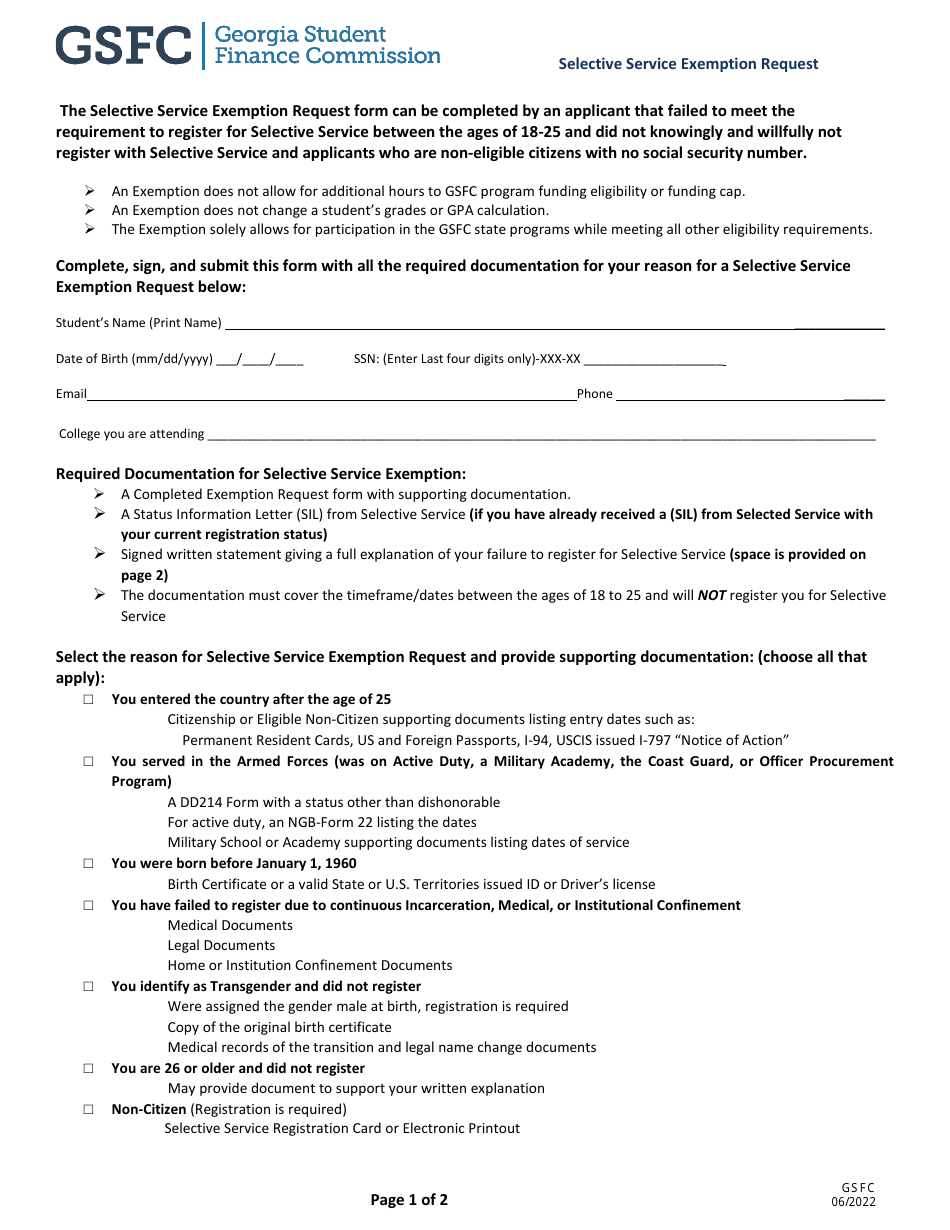 Selective Service Exemption Request - Georgia (United States), Page 1