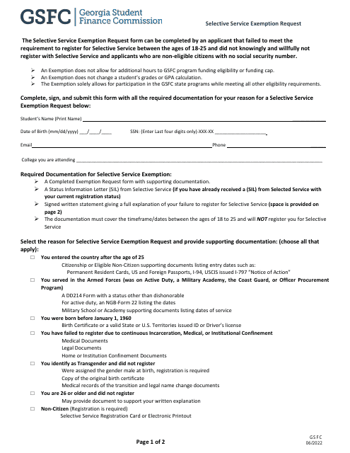 Selective Service Exemption Request - Georgia (United States) Download Pdf