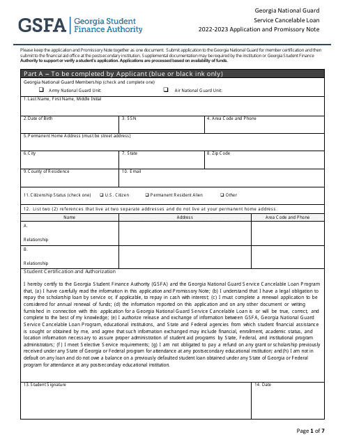 Georgia National Guard Service Cancelable Loan Application and Promissory Note - Georgia (United States), 2023