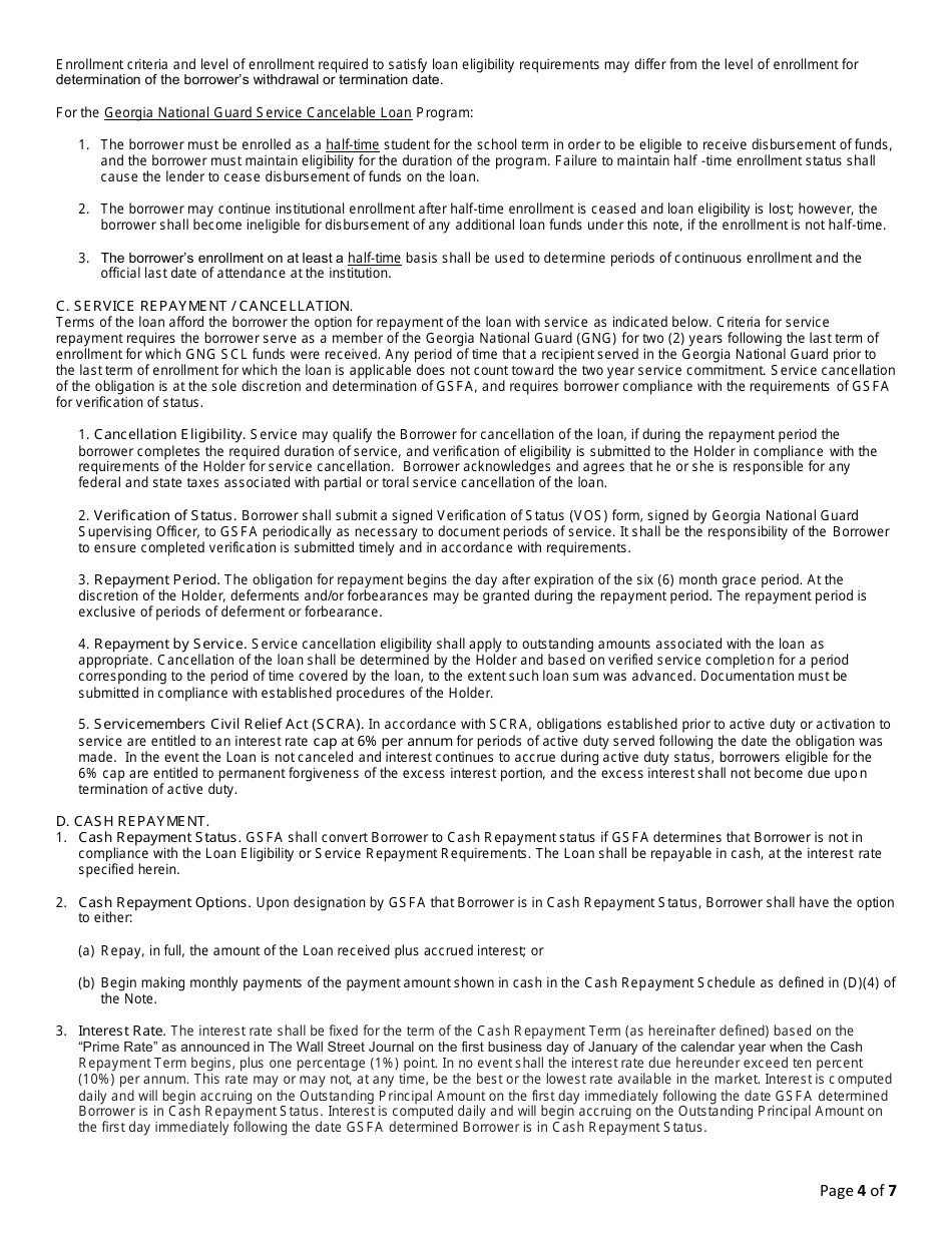 Georgia National Guard Service Cancelable Loan Application and Promissory Note - Georgia (United States), Page 4