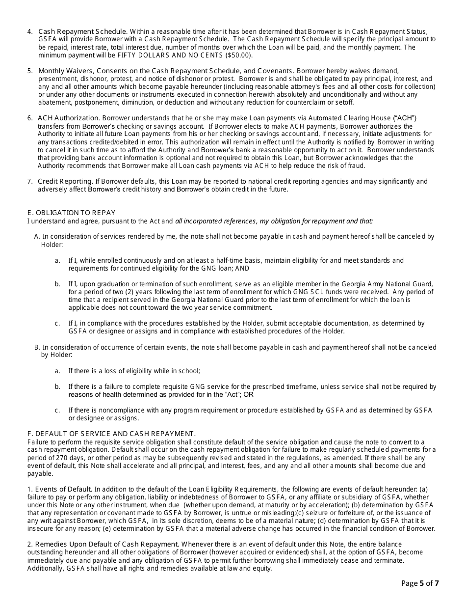 Georgia National Guard Service Cancelable Loan Application and Promissory Note - Georgia (United States), Page 5