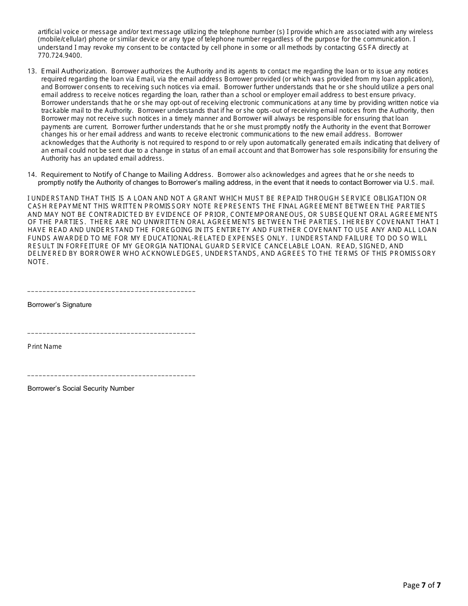 Georgia National Guard Service Cancelable Loan Application and Promissory Note - Georgia (United States), Page 7