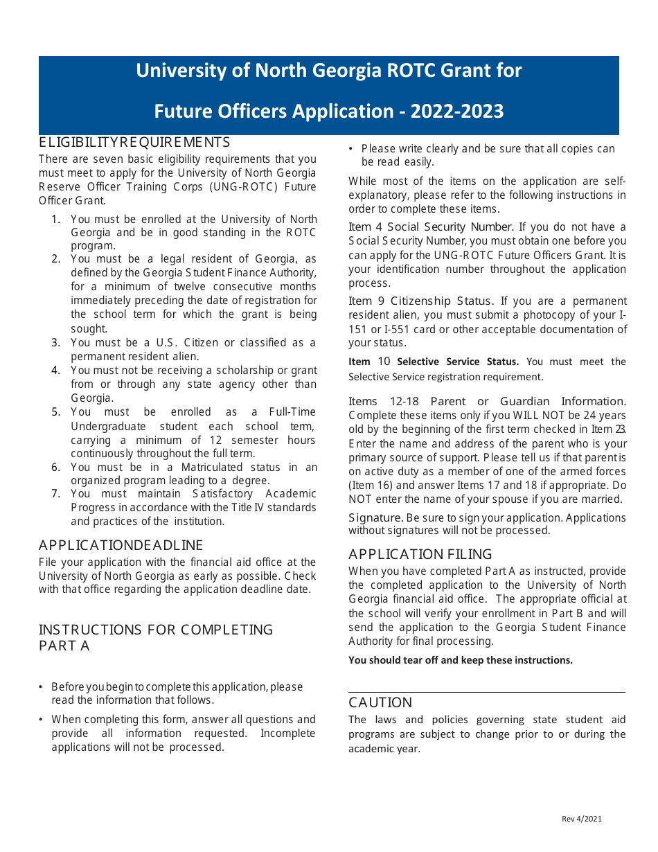 Application Form - University of North Georgia Rotc Grant for Future Officers - Georgia (United States), Page 1