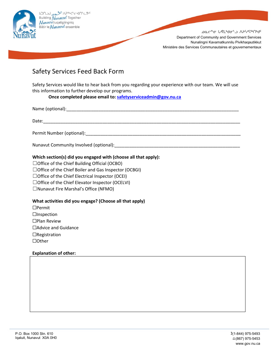Safety Services Feed Back Form - Nunavut, Canada, Page 1