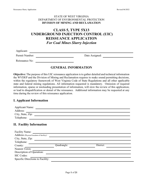 Class 5, Type 5x13 Underground Injection Control (Uic) Reissuance Application for Coal Mines Slurry Injection - West Virginia Download Pdf