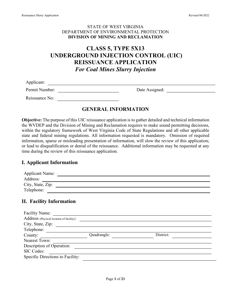 Class 5, Type 5x13 Underground Injection Control (Uic) Reissuance Application for Coal Mines Slurry Injection - West Virginia, Page 1