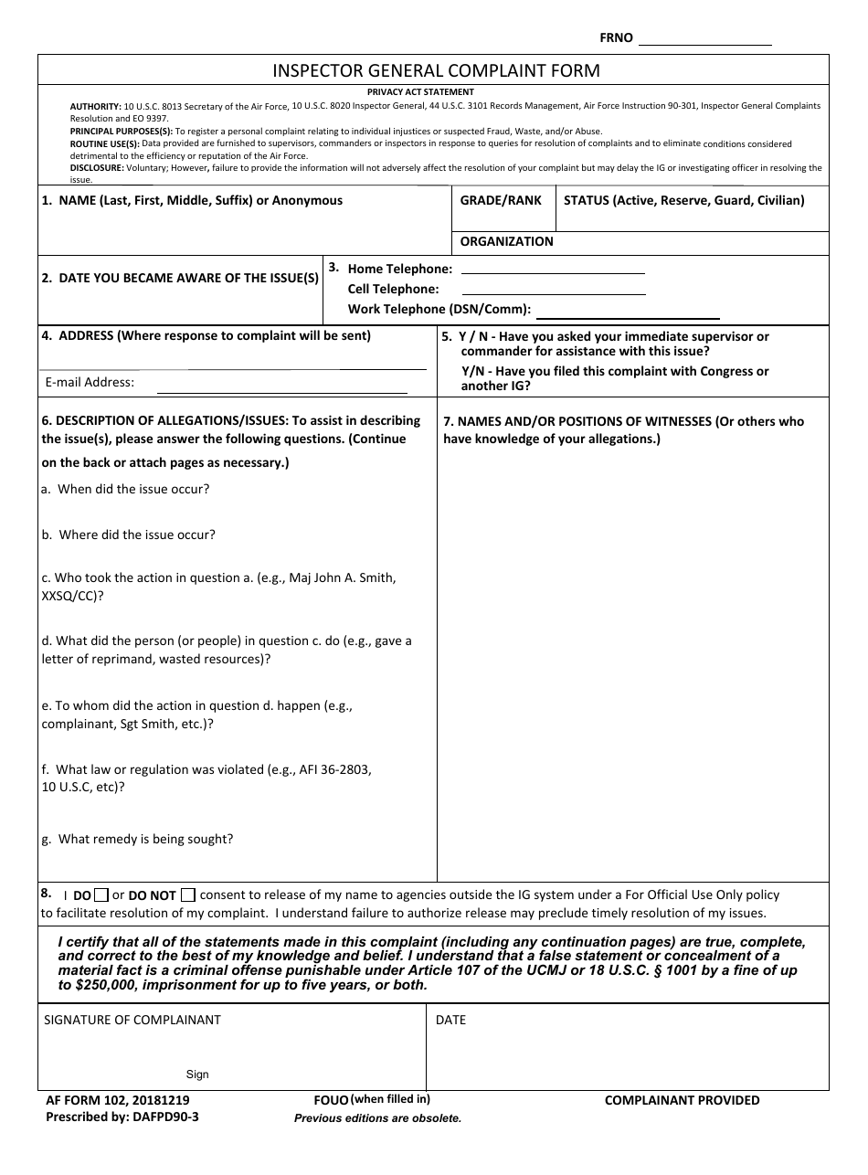 AF Form 102 Inspector General Complaint Form, Page 1