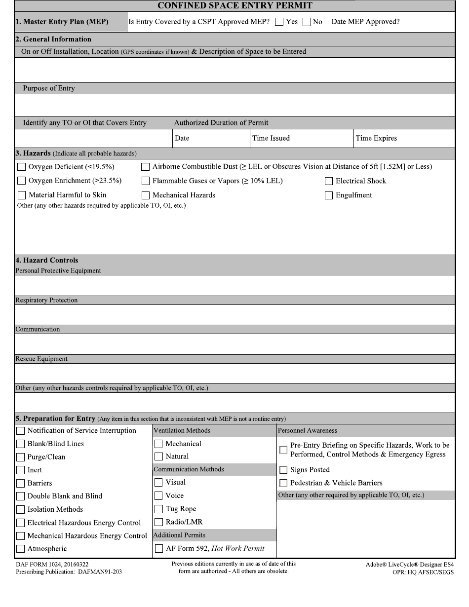 DAF Form 1024 Confined Space Entry Permit, Page 1