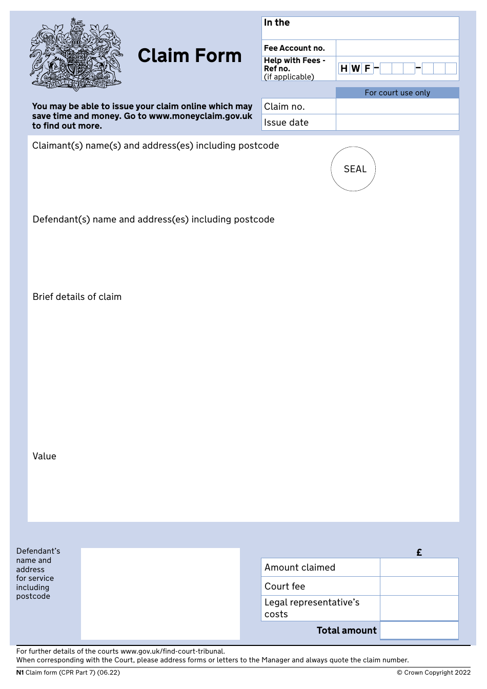 Form N1 Claim Form (Cpr Part 7) - United Kingdom, Page 1