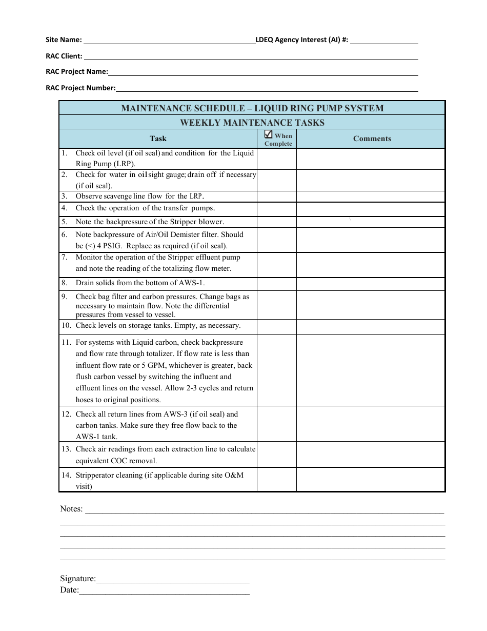 Operation and Maintenance Log Forms - Louisiana, Page 1