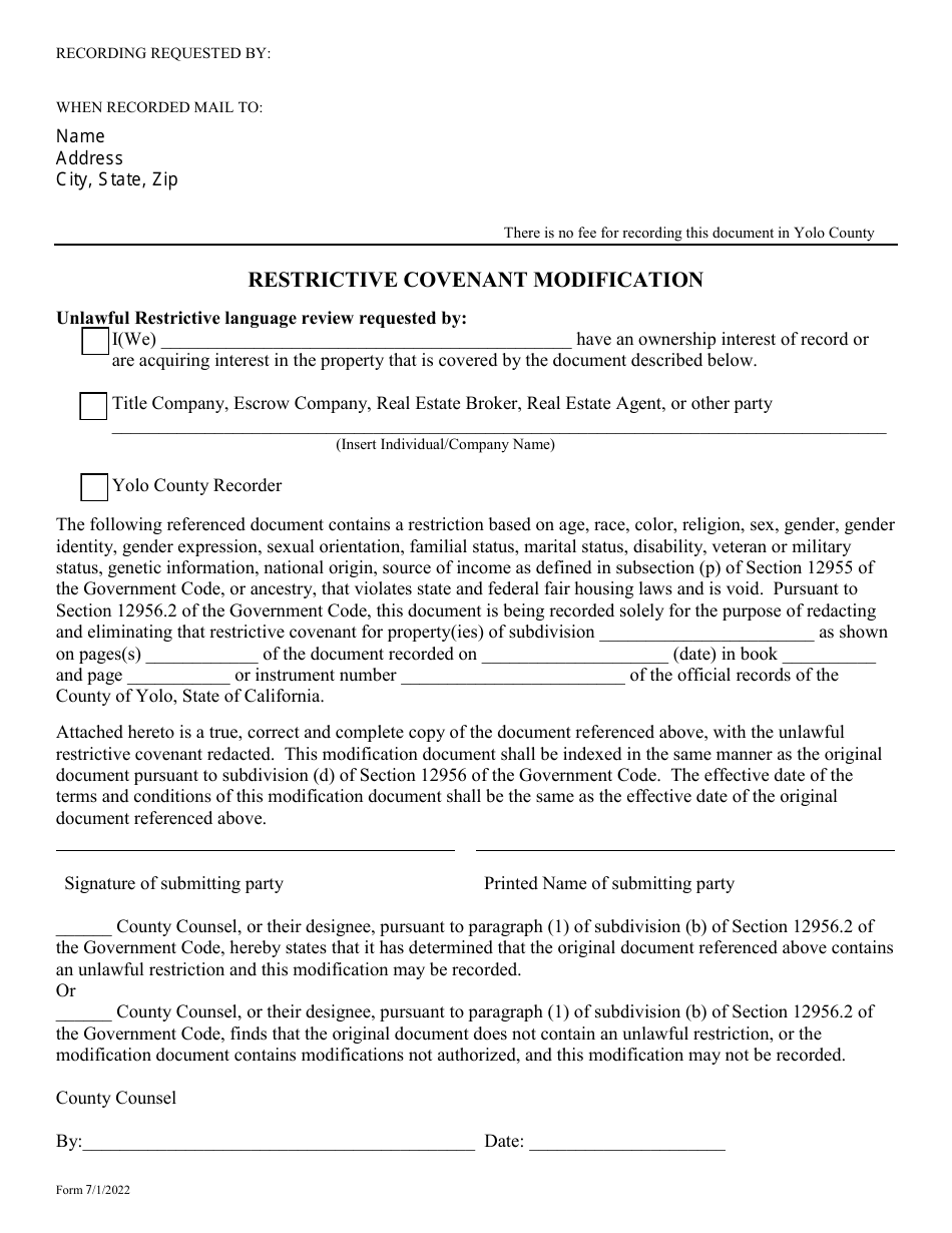 Form AB1466 Restrictive Covenant Modification - Yolo County, California, Page 1