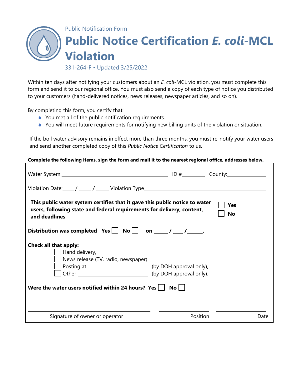 DOH Form 331-264 Public Notice Certification E. Coli-Mcl Violation - Washington, Page 1