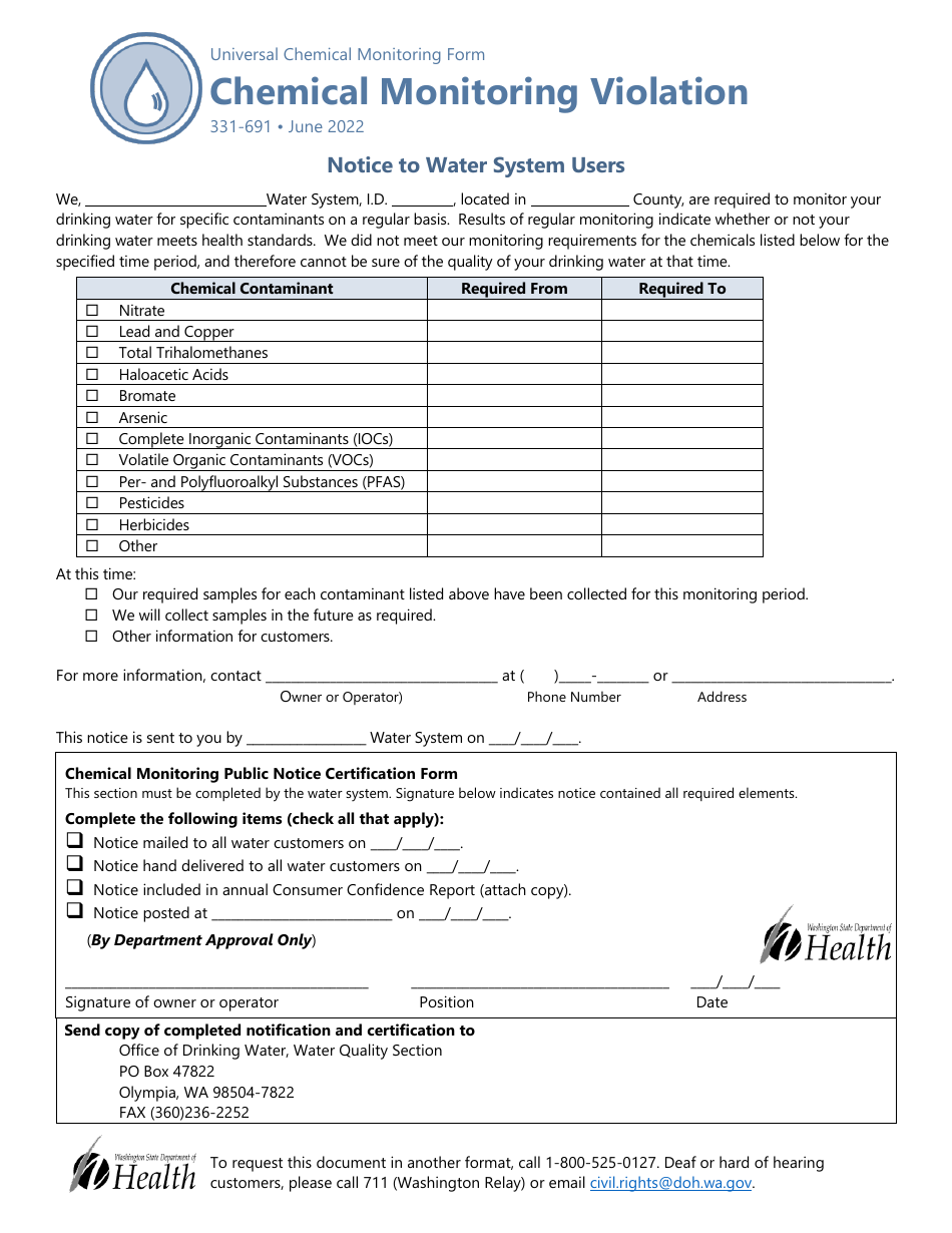 DOH Form 331-691 Universal Chemical Monitoring Violation Form - Washington, Page 1