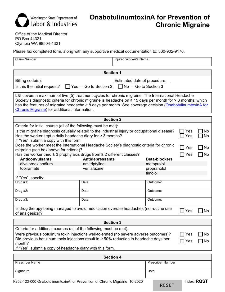 Form F252-123-000 Onabotulinumtoxina for Prevention of Chronic Migraine - Washington, Page 1