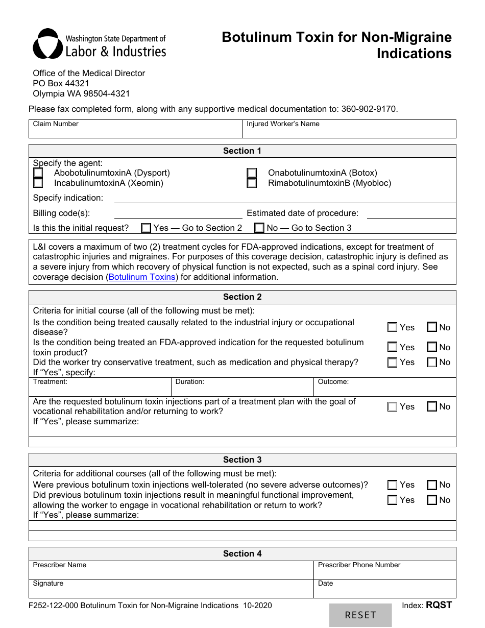 Form F252-122-000 Botulinum Toxin for Non-migraine Indications - Washington, Page 1