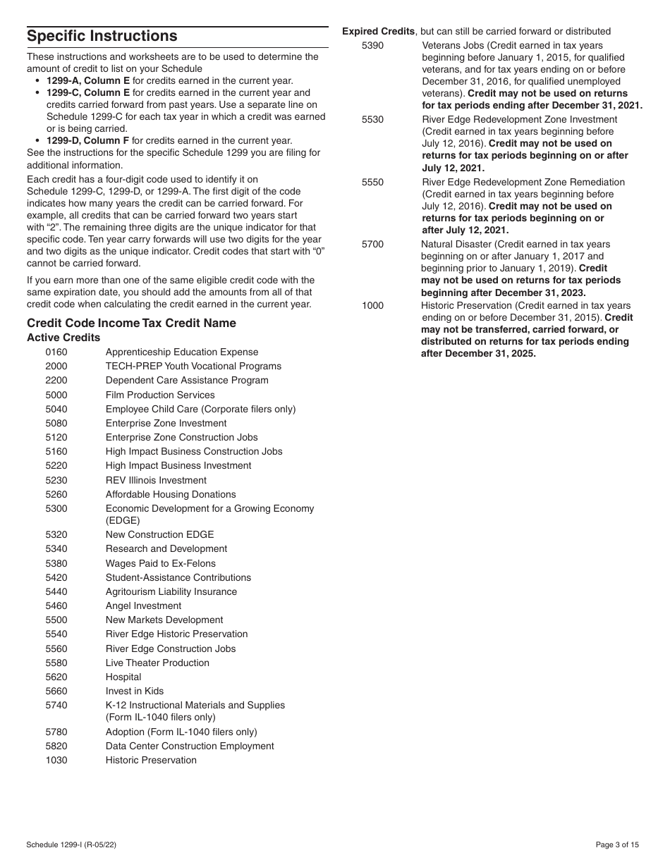 Schedule 1299-I Income Tax Credits Information and Worksheets - Illinois, Page 3