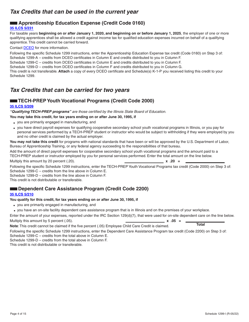 Schedule 1299-I Income Tax Credits Information and Worksheets - Illinois, Page 4