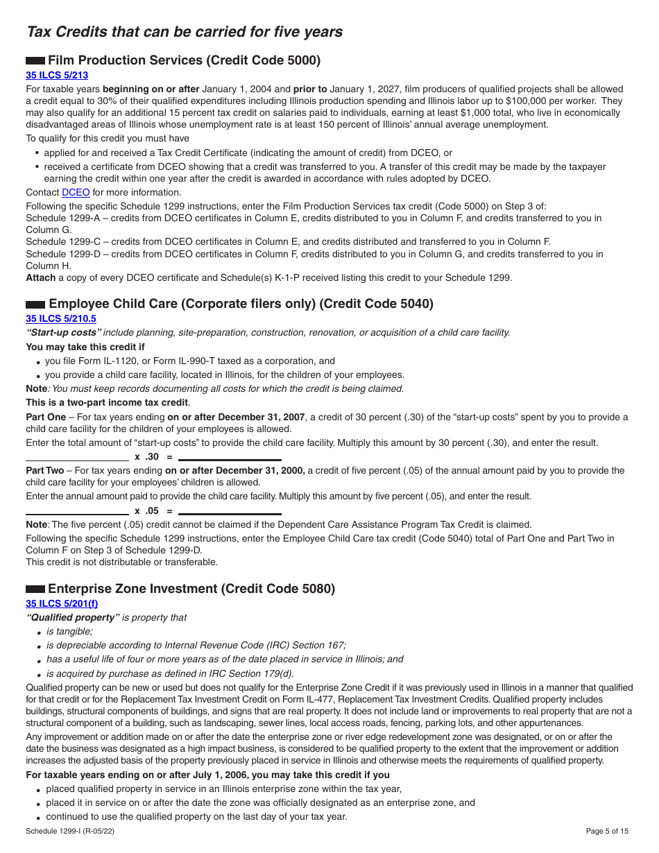 Schedule 1299-I Income Tax Credits Information and Worksheets - Illinois, Page 5