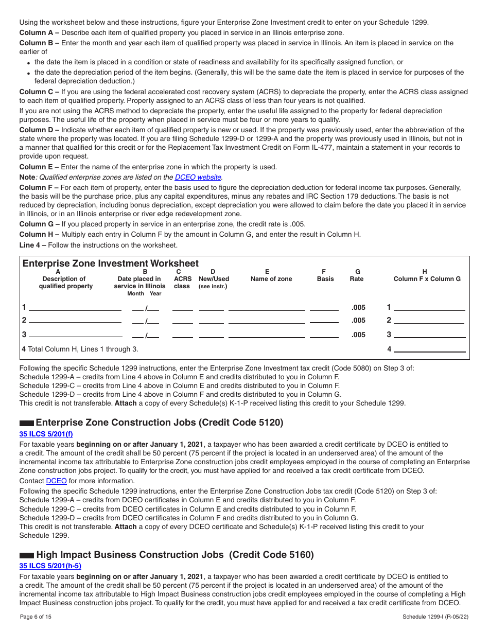 Schedule 1299-I Income Tax Credits Information and Worksheets - Illinois, Page 6