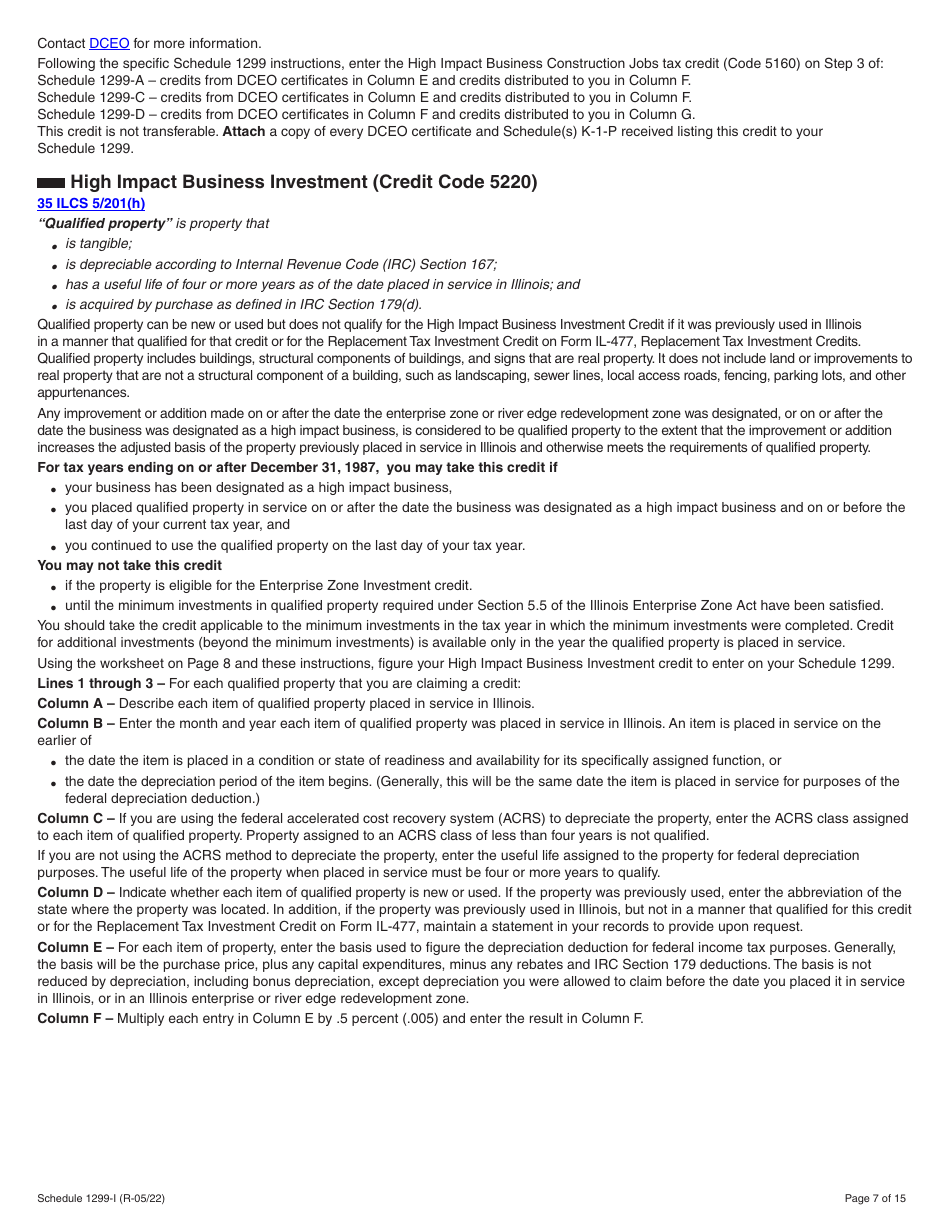 Schedule 1299-I Income Tax Credits Information and Worksheets - Illinois, Page 7