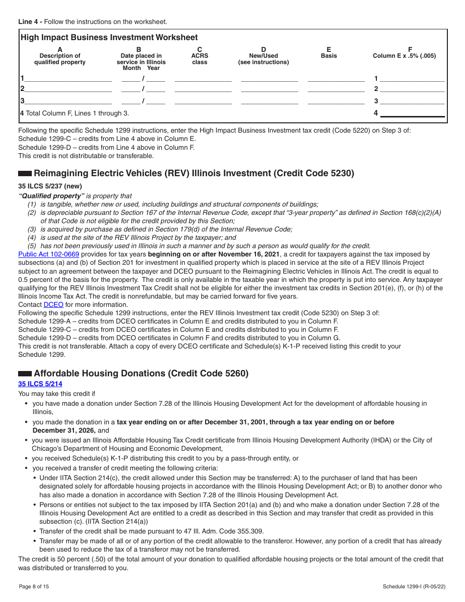 Schedule 1299-I Income Tax Credits Information and Worksheets - Illinois, Page 8