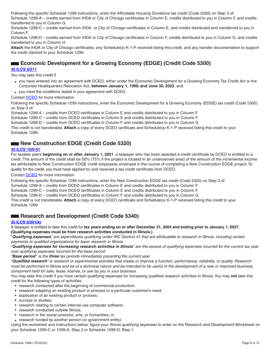 Schedule 1299-I Income Tax Credits Information and Worksheets - Illinois, Page 9