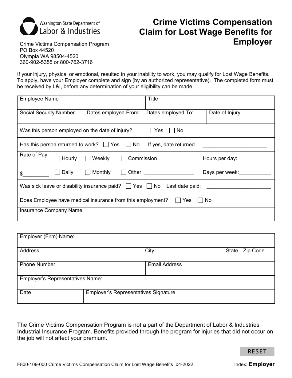 Form F800-109-000 Crime Victims Compensation Claim for Lost Wage Benefits for Employer - Washington, Page 1