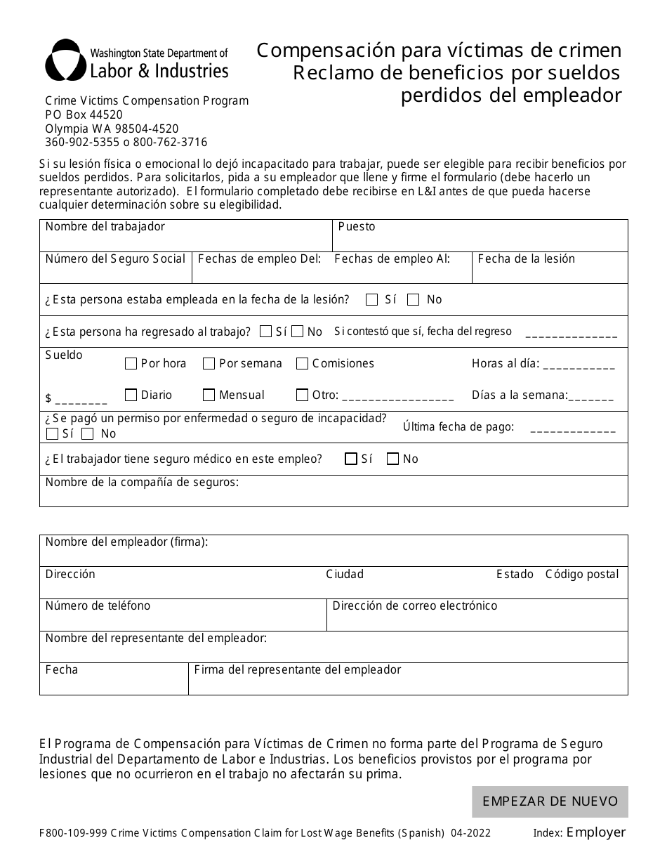 Formulario F800-109-999 Compensacion Para Victimas De Crimen Reclamo De Beneficios Por Sueldos Perdidos Del Empleador - Washington (Spanish), Page 1