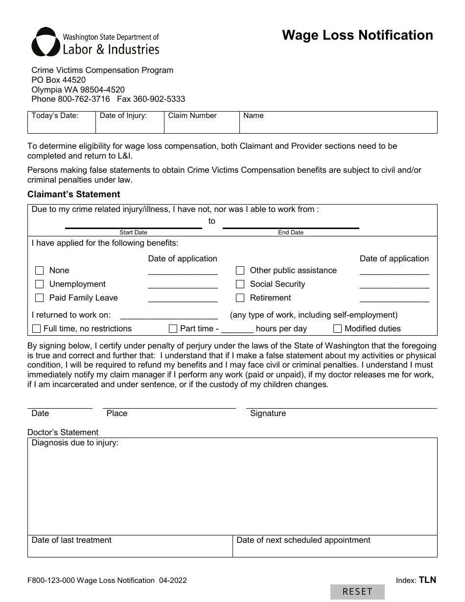 Form F800-123-000 Wage Loss Notification - Washington, Page 1