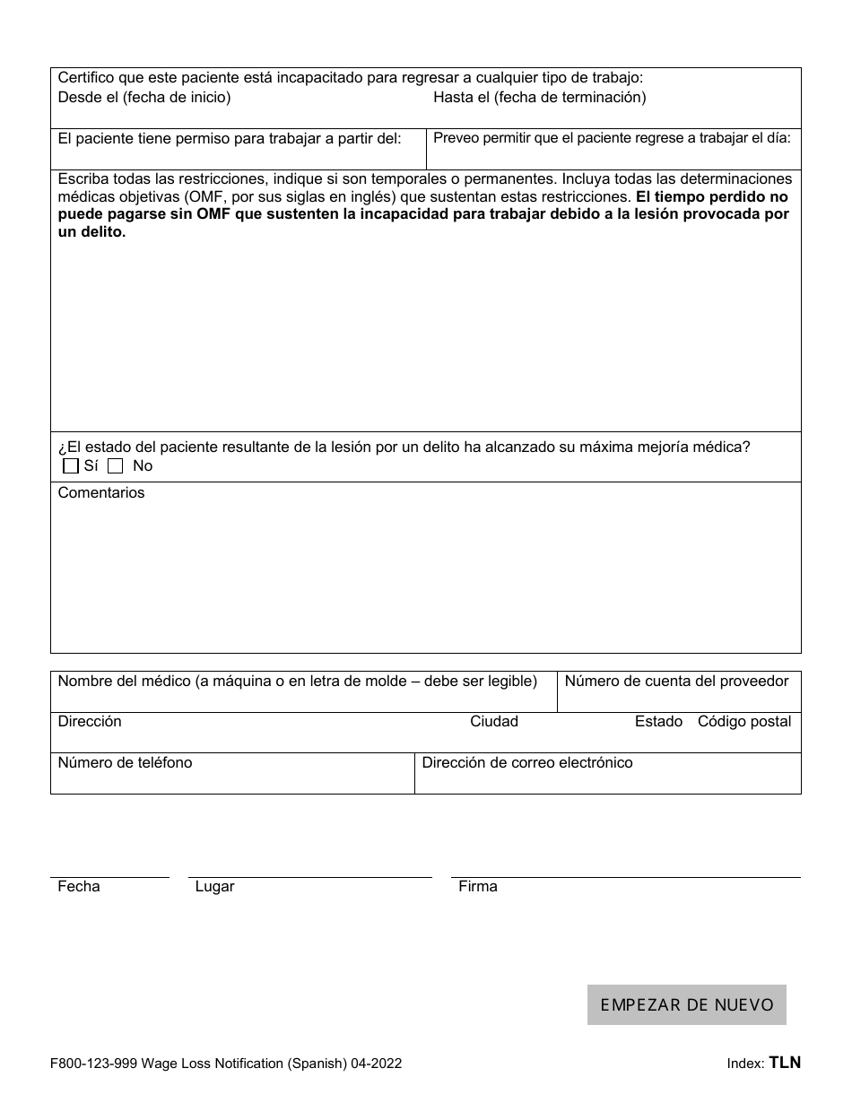 Formulario F800-123-999 Notificacion De Sueldos Perdidos - Washington (Spanish), Page 2
