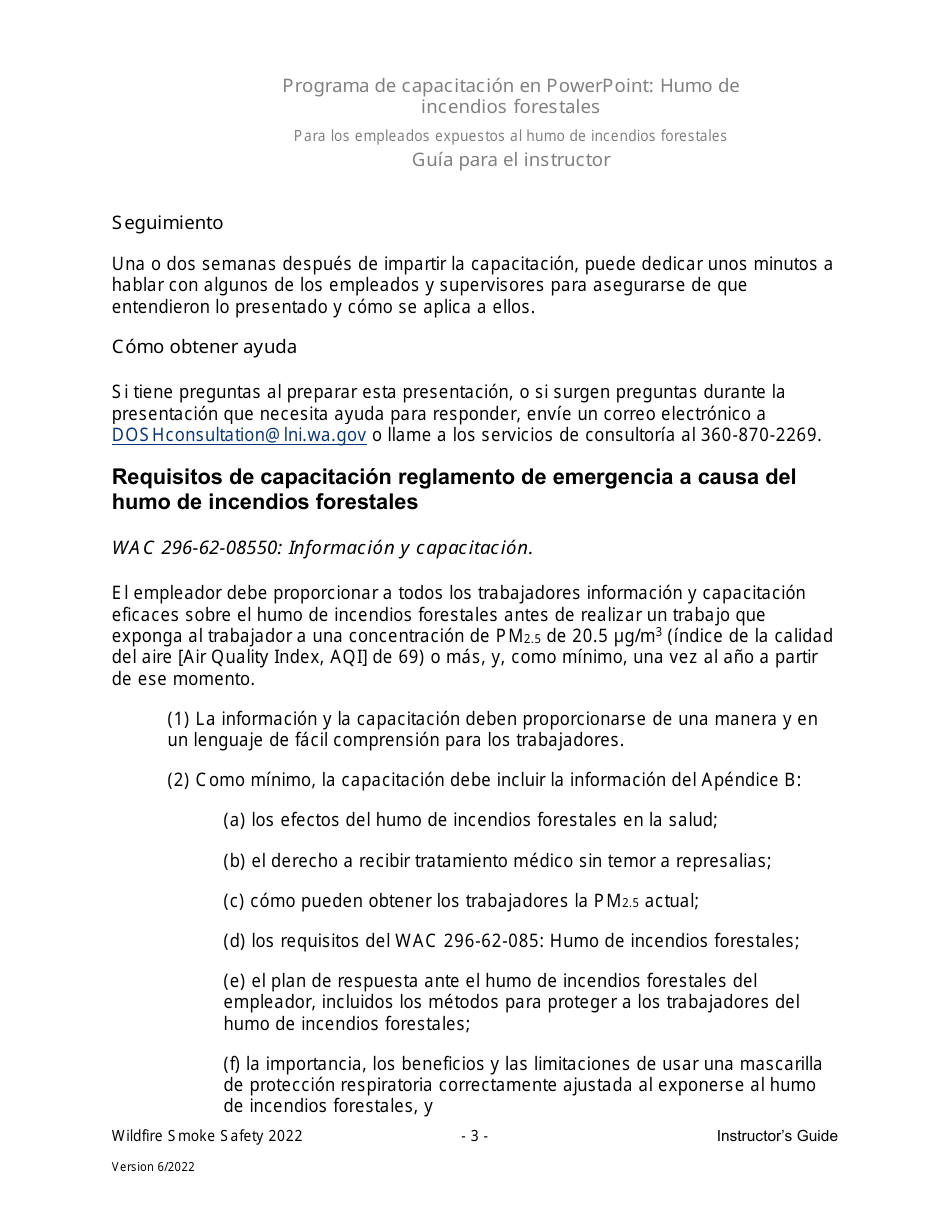 Guia Para El Instructor - Programa De Capacitacion En Powerpoint: Humo De Incendios Forestales Para Los Empleados Expuestos Al Humo De Incendios Forestales En El Trabajo - Washington (Spanish), Page 3
