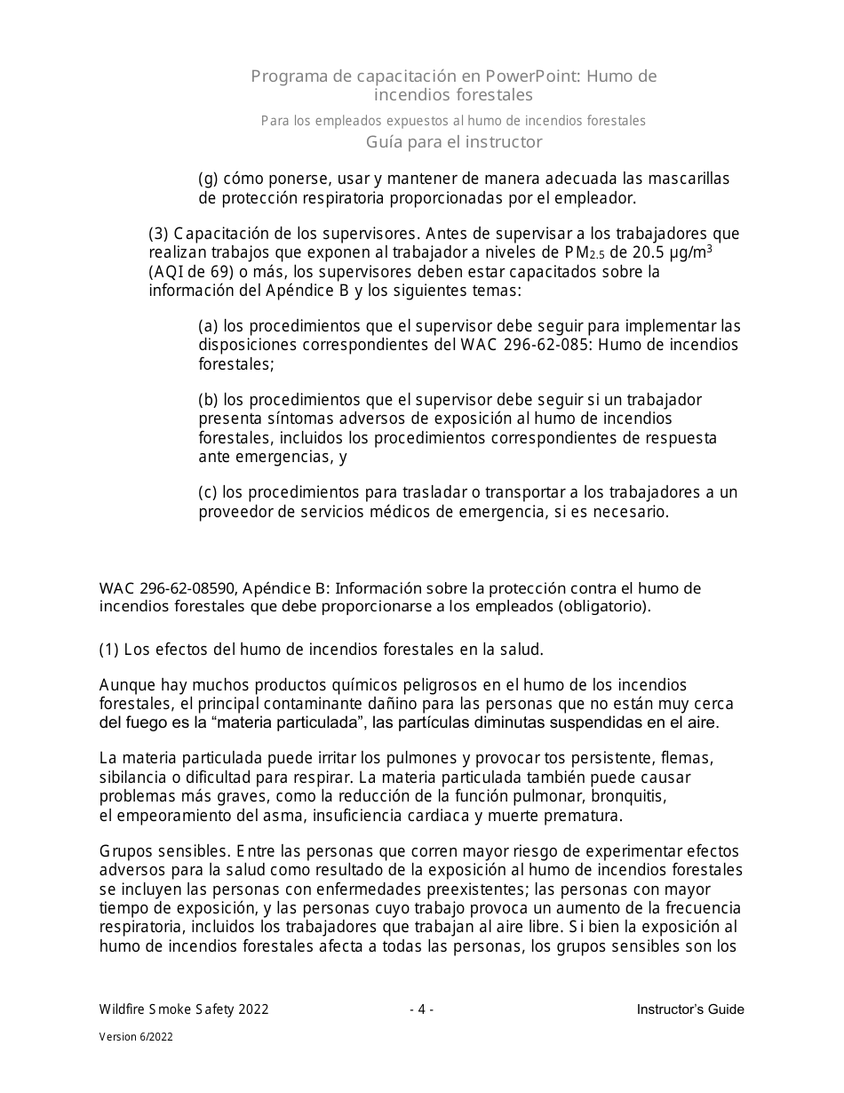 Guia Para El Instructor - Programa De Capacitacion En Powerpoint: Humo De Incendios Forestales Para Los Empleados Expuestos Al Humo De Incendios Forestales En El Trabajo - Washington (Spanish), Page 4