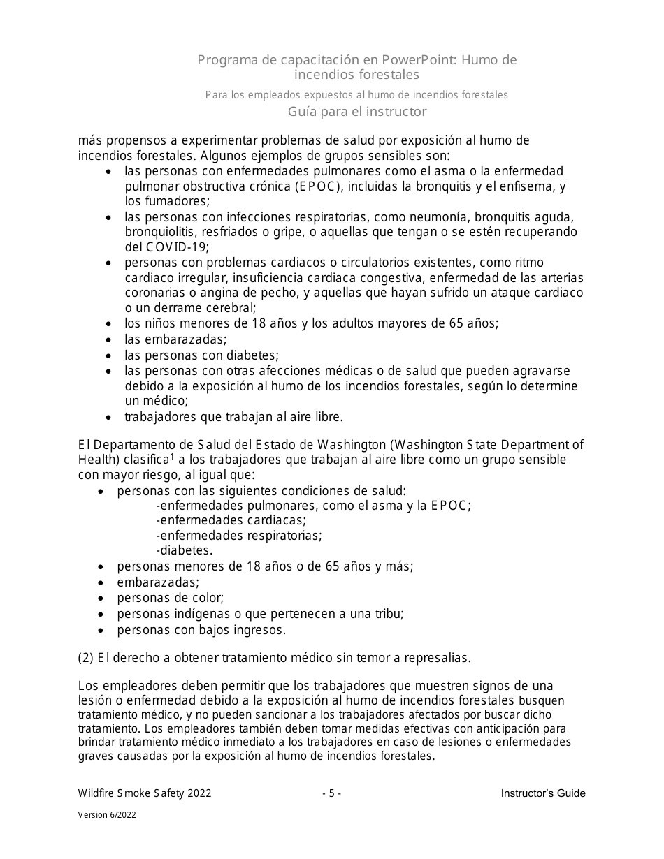 Guia Para El Instructor - Programa De Capacitacion En Powerpoint: Humo De Incendios Forestales Para Los Empleados Expuestos Al Humo De Incendios Forestales En El Trabajo - Washington (Spanish), Page 5