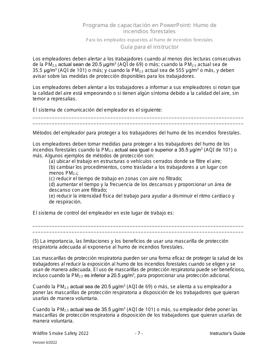 Guia Para El Instructor - Programa De Capacitacion En Powerpoint: Humo De Incendios Forestales Para Los Empleados Expuestos Al Humo De Incendios Forestales En El Trabajo - Washington (Spanish), Page 7