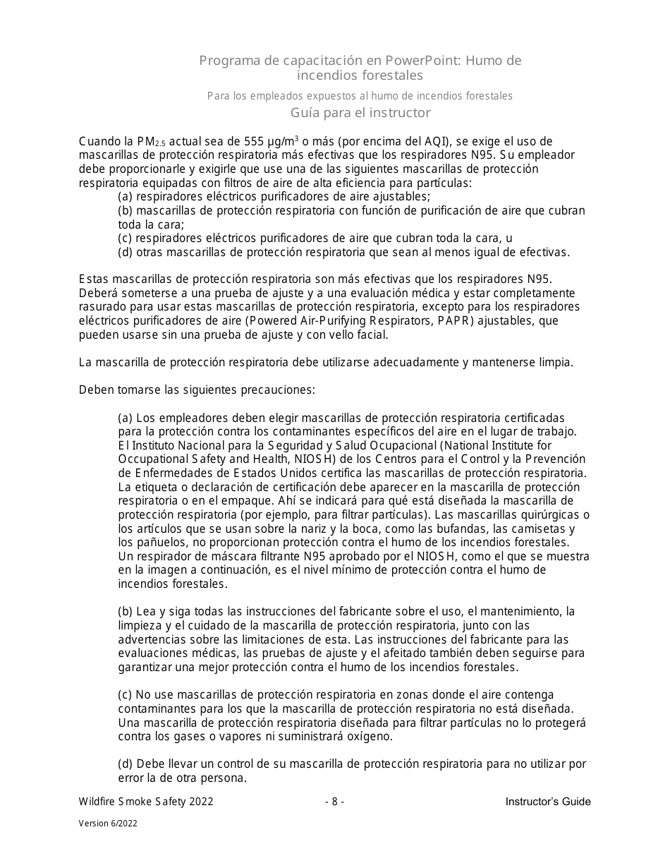 Guia Para El Instructor - Programa De Capacitacion En Powerpoint: Humo De Incendios Forestales Para Los Empleados Expuestos Al Humo De Incendios Forestales En El Trabajo - Washington (Spanish), Page 8