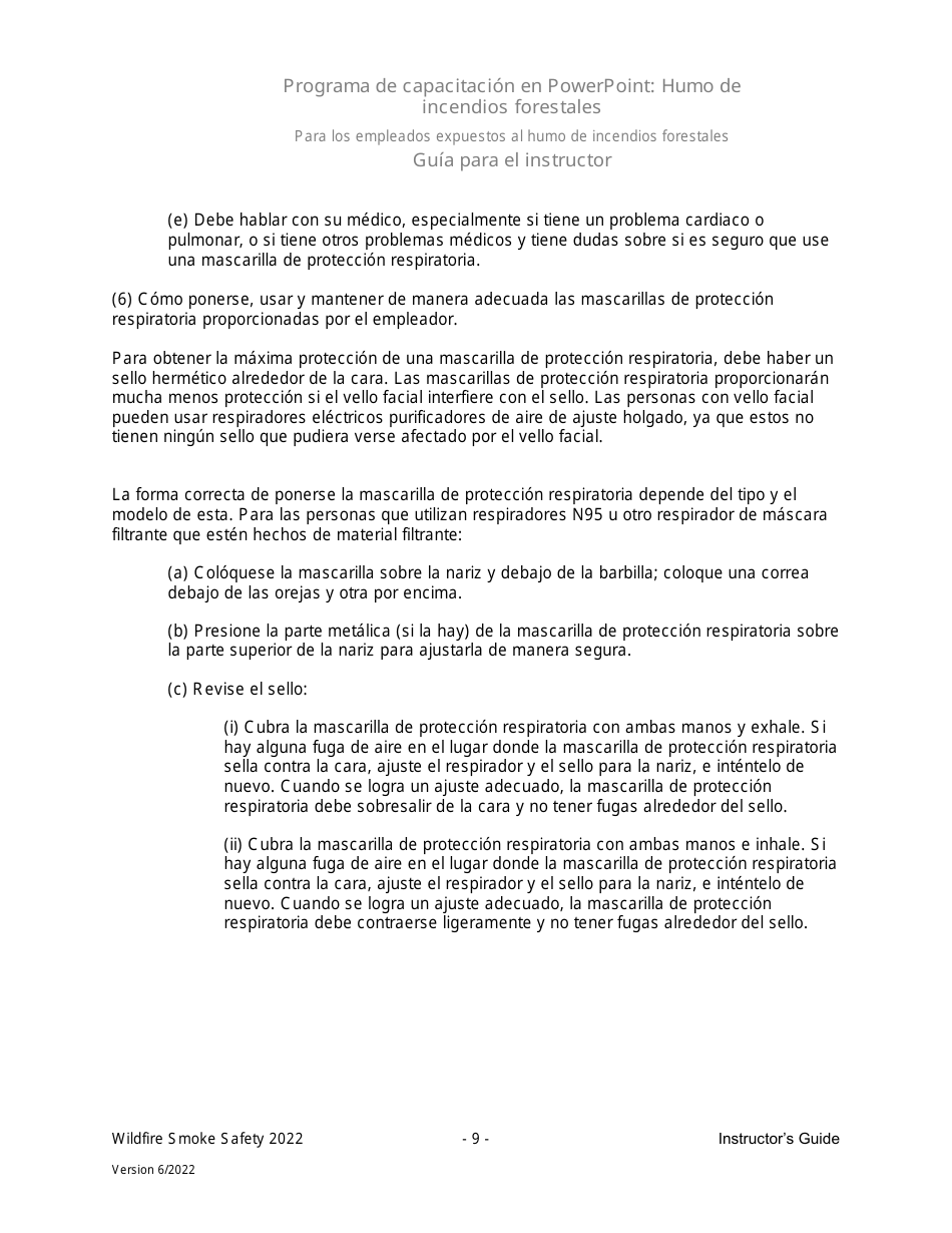 Guia Para El Instructor - Programa De Capacitacion En Powerpoint: Humo De Incendios Forestales Para Los Empleados Expuestos Al Humo De Incendios Forestales En El Trabajo - Washington (Spanish), Page 9